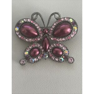 Vtg Shade of Pink Butterfly Brooch Pin Rhinestones Faux Teardrop Stones 2.25"